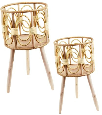 Yardwe 2 Pièces Présentoir De Plante Pot De Fleur Plantes D'intérieur Étagère Plante Cache-Pot en Bois sur Pieds Debout Panier De Jardinière Support De Pot De Plante Tissé Bois Massif