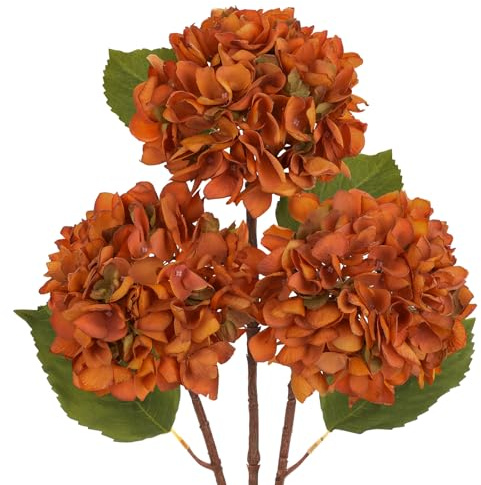 Hollyone Confezione da 3 ortensie artificiali, steli di ortensie finte arancioni con grandi fiori da 15,2 cm, fiori in seta a stelo lungo per composizioni floreali, vaso alto, decorazione per la casa