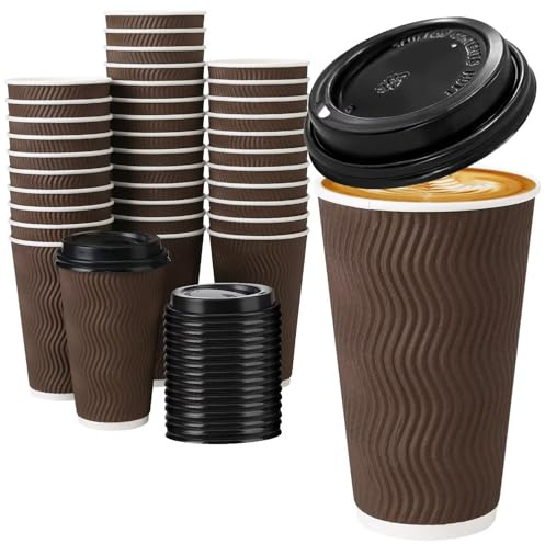 Huifany 16 oz Insulated Disposable Paper Coffee Cups with Lids 50 Pack