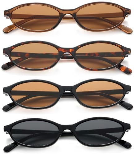Unning 4 Pack Retro Oval Sunglasses Colorful Vintage Cat Eye Sunglasses Set Trendy Narrow Party Glasses for Women
