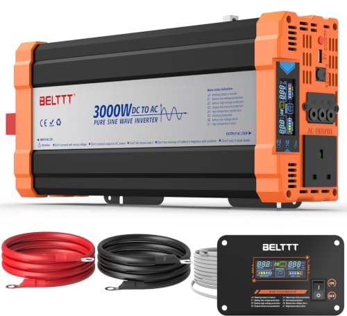 Rewing 3000W Power Inverter 12V to 240V (220V-250V) AC Pure Sine Wave Inverter,Car Inverter DC 12v to AC 230V UK with AC Sockets Dual Car Adapter With LED Display Suitable for Travel, RV, Camping