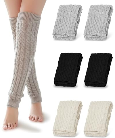 QUPOLPOL Scaldamuscoli Donna, Lavorati a Maglia, 3 Paia | Per stivali e look invernali, accessorio per yoga danza e anni '80 con leggings, trecce in acrilico, nero bianco grigio
