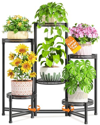 VASZOLA 6-stufiger, klappbarer Pflanzenständer für drinnen und draußen, große, robuste Metallablage mit verstellbaren Ablagen und 25 cm breitem Ablagefach, Blumenhalter für moderne Terrassen, Schwarz