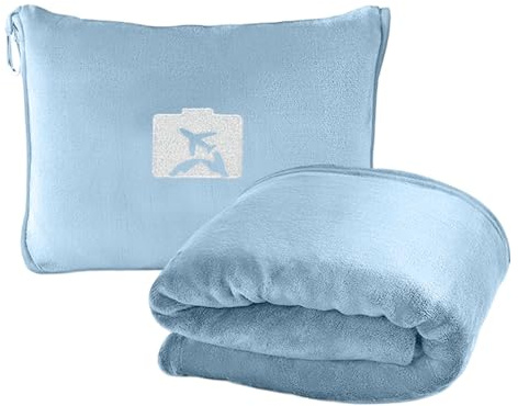 Weiche & Warme Reisedecke für Flugzeug & Auto, 127 x 152 cm Ultraleichte Flugzeugdecke, Verwandlungskissen, Kompaktes Kissen für Urlaub, Büro, Zuhause und Geschäftsreisen (Himmelblau)