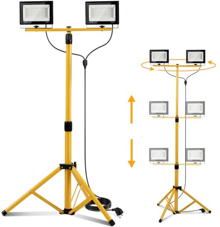 ISOISL Baustrahler Arbeitsstrahler mit Stativ 2x50W, LED Strahler 2x5000 Lumen,1,60 m Einstellbar Teleskopisch, 360° Grad Drehung, 300 cm Kabel, IP66 für Garage Werkstatt Baustelle, Kaltweiß