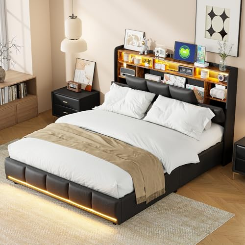 WSOFZMO Bett 160x200 Led, Polsterbett 160x200 mit Stauraum, Doppelbett mit USB Ladefunktion, Hydraulisch Stauraumbett, PU, Schwarz, Ohne Matratze (Stil02 160×200cm)