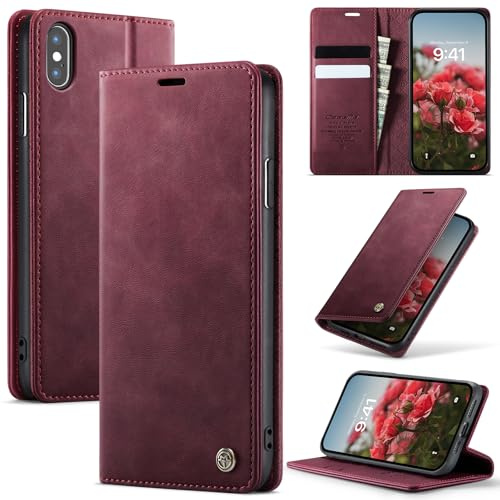 Cracedily Wallet Case for iPhone X Leather Wallet Flip Cover with Card Holder, Kickstand, Magnetic Closure, RFID Blocking TPU Shockproof Phone Case Compatible with iPhone XS, Red