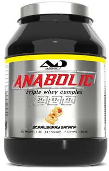Addict sport nutrition - Tri whey 80% Anabolic whey - Protéine de lactosérum concentrée, isolée et hydrolysée - Protéine pure - BCAA - Croissance musculaire et récupération - 1kg - Fraise - banane