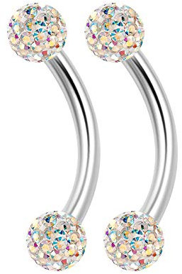 KJM FASHION 2 Stk Edelstahl Bananenstecker 1,2mm 16 Gauge 8mm 5/16 Inch 3mm Aurora Borealis Ferido Kristall Kugel Cartilage Rook Ohrringe Piercing Schmuck 2124