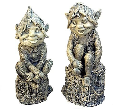 GeKi Trend 2er Set GNOME Garten Balkon Figuren Leuchtend Gartendeko frostfest Antik Stein-Optik fluoreszierend Wichtel 33 cm und 34 cm groß