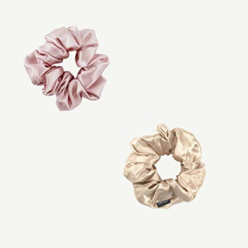 OFFTOPIC® Set 2 Scrunchies in Seta Pura | STOP a Capelli Spezzati | Elastico in Seta Accessorio Elegante | Certificato Oeko-Tex | Rosa & Caramel