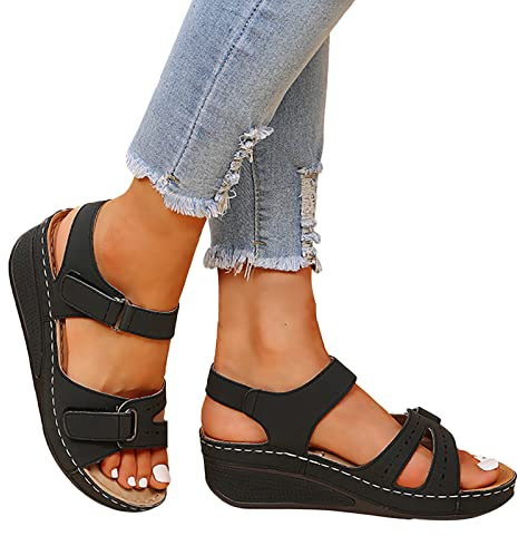Generic Orthopädische Schuhe Damen zur Unterstützung des Fußgewölbes weiche Sandalen aus PU-Leder rutschfeste Elegante mit Fasciitis-Sohlen für Hallux Valgus Bunion, 06 Schwarz, 39 EU