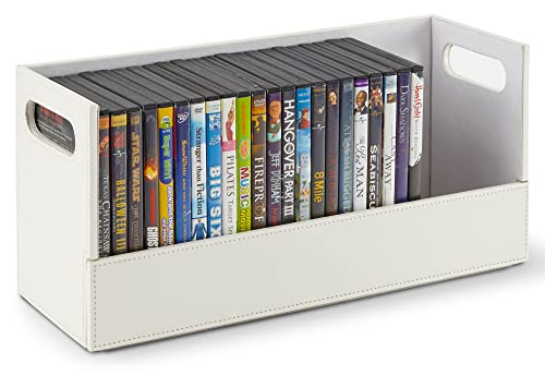 Stock Your Home DVD Storage Box, Movie Shelf Organizer for Blu-Ray, Video Game Cases, CDs, VHS Tape Display Stand, Disc Holder Can Store Up to 28 DVDs, Faux Leather (White)