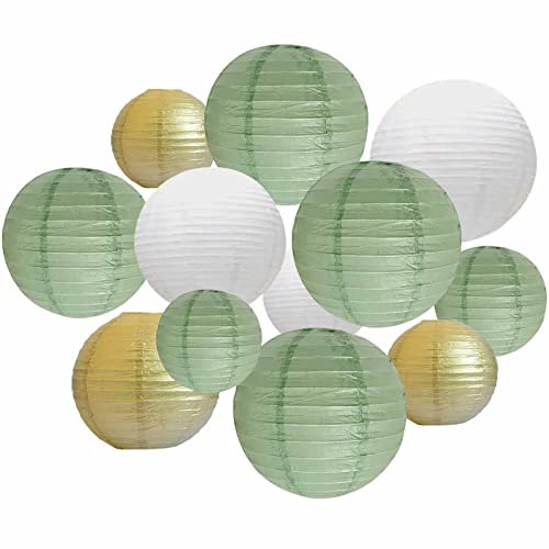 ANSOMO Papierlaternen, Salbeigrün, Weiß und Gold, Party-Dekorationen, chinesisch, japanisch, hängend, dekorativ, Geburtstag, Babyparty, Brautparty, Hochzeit, Grün, neutrale Heimdekoration, 30,5 cm,
