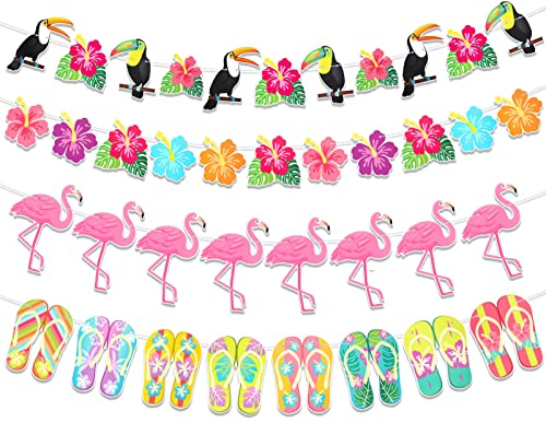 HOWAF Hawaii Banner, 4Pcs Hawaii Flamingo Flip Flops Hibiskus Tropische Vogel Bunting Banner Girlande für Hawaii Tropische Sommer Geburtstag Deko Garten Luau Tiki Beach Party Deko Girlande Sommer