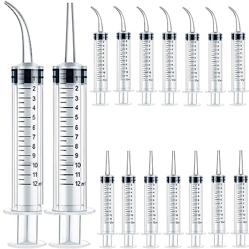 TIHOOD 16PCS 12ml/cc Plastic Syringes Set, Syringe with Curved Tip and Straight Tip, Disposable Irrigation Syringe Mouthwash Cleaner for Oral Care, Animal Feeding, with Measurement