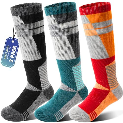 ANTSANG Kids Merino Wool Ski Socks Boys Girls Thermal Thick Warm Winter Cozy Knee High Socks for Skiing Snowboarding 3 Pairs(Grey/Green/Orange,12-15 Years)