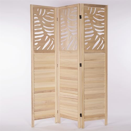 CREEDWOOD RAUMTEILER Palm | Holz, 170x120 cm, Natur | Paravent mit Schnitzerei, Raumtrenner mit Blatt Gravur, Natur Sichtschutz, Faltwand, Stellwand, Ankleide Trennwand