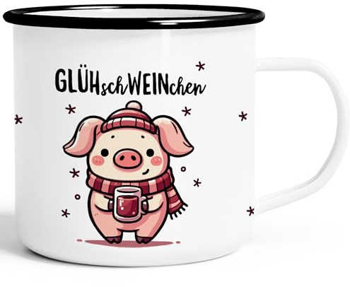 MoonWorks® Emaille-Tasse Glühwein Motiv Glüh-Schweinchen Wortspiel Emaillebecher lustig kleines Geschenk Weihnachten Emaille-weiss-schwarz standard