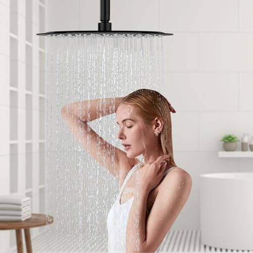 DETBOM Duschkopf Regendusche Rund 30x30cm/12 Zoll, 304 Edelstahl Regendusche Duschkopf Wassersparender mit 120 Silikondüsen mit Antikalk-Funktion, Regenduschkopf 360° Drehbar-Schwarz