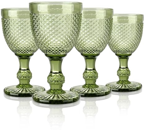 Joeyan Set de 4 Copas de Vino Vintage Verdes, 270ml Copas de Vidrio con Relieve Elegantes, Juego de Copas Vino Colores Retro con Pie,para Lavavajillas,para Fiesta Boda o Bautizo