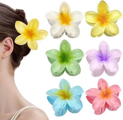 HSAJS 6 Piezas Pinzas Pelo Flor Mujer Fijación de Estilo Hawaiano Agarre Fuerte Antideslizantes Coloridos Plástico Grande Clip para Mujeres Niñas Diario Fiesta Boda Playa Viajes