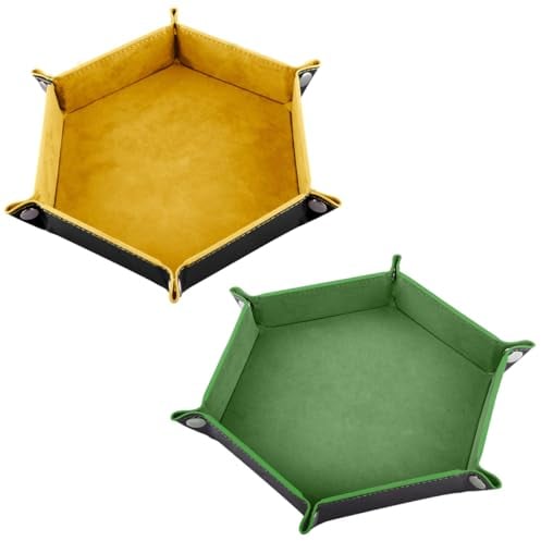 FANXIYA 2 Stück Würfelbretter Leder Würfelteller Hexagon Würfelunterlage Faltendes Würfeltablett Samt Würfelschale Doppelseitig Würfelmatte für Dungeons und Dragons RPG DND usw (Grün+Gelb)