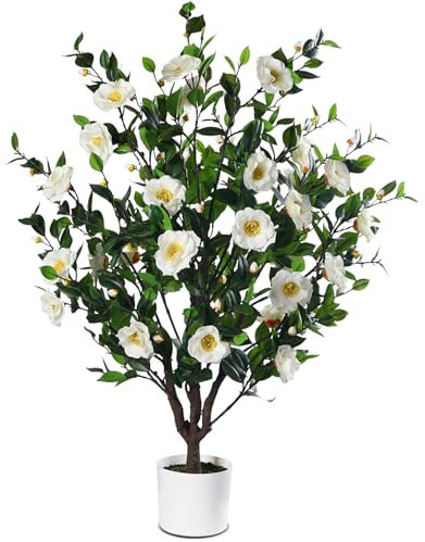 Leflos 120cm árbol de Flor Artificial, árbol de Flor de Camelia Blanca Realista, Planta de Flor Floral en Maceta Blanca para decoración Interior de casa