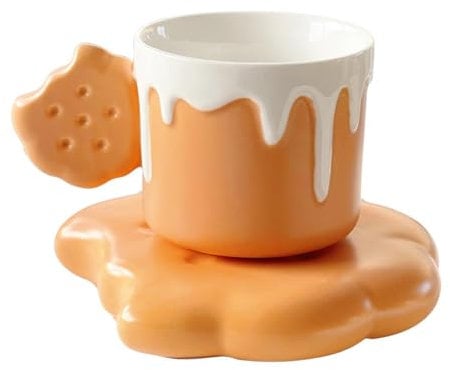 CAPIJIONG 240ml/8oz Creative Biscuit Ceramic Coffee Cup/Dish Cute Home Breakfast Mug-Biscuit cups and plates - yellow