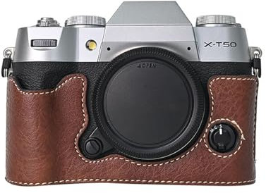 VOVMOEYA Camera Case for FUJIFILM X-T50 Mirrorless Digital Camera,Fuji XT50 Half Case With Soft microfiber Inner,Function Well With 1/4-20 thread hole Retro PU Leather litchi stria-Coffee