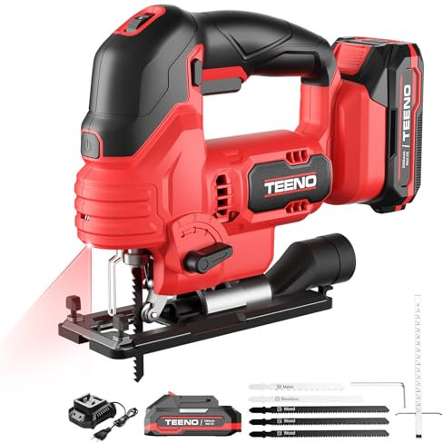 TEENO Seghetto Alternativo Senza Fili Per Batteria Makita 20V, Seghetto Alternativo laser 800-3000 SPM, 6 VELOCITÀ, LED, Angolo ±45°, 5 lame per Legno, Plastica, Metallo (Due Batterie, 2.0 AH)