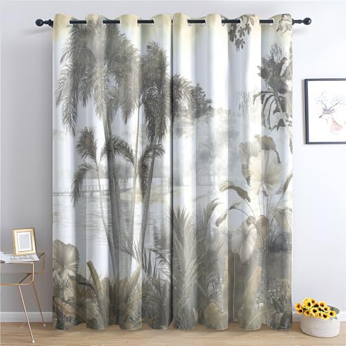 Rideau Occultant Palmier Tropical, Paysage De La Jungle Motif Rideaux Thermiques à Oeillets, Rideaux Imprimé pour Salon Chambre Fenetre Moderne Décoration, 75x166 cm (L x H), Lot de 2
