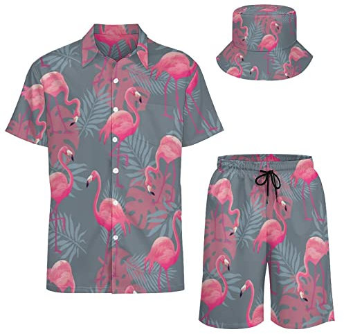 AsqLdQM Hawaiianische Frosch-Hemden und Shorts, 2-teiliges Set, mit Fischerhüten, Tropische Flamingo-Palme, XXXL