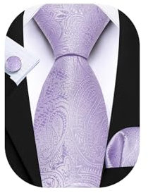Barry.Wang Men's Tie Set Paisley Silk Pocket Square Cufflinks Necktie Woven Wedding Party Light Purple