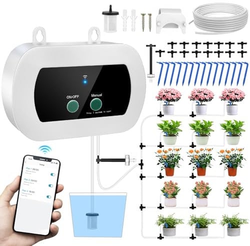 Sistema de riego automático WiFi, control por aplicación, temporizador inteligente, juego de riego por goteo con 15 boquillas de goteo para jardín, balcón, interior, césped y patio