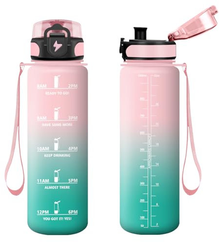 Vikastar Botella Agua 1 Litro, Motivacional Botella de Agua, Marcador de Tiempo, Botella Agua Gimnasio, Prueba de Fugas, Cantimplora, Reutilizable, Botella para Escuela, Camping, Rosa-Cyan