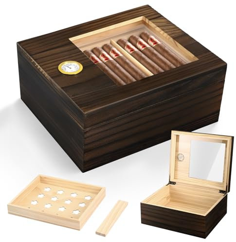 Gxpjycfob Cigar Humidor, Double Wall Cigar Humidor Wooden Storage Box, Cigar Storage Box with Divider and Digital Hygrometer, Gift Accessories for Mensologists (25-50 Cigars)