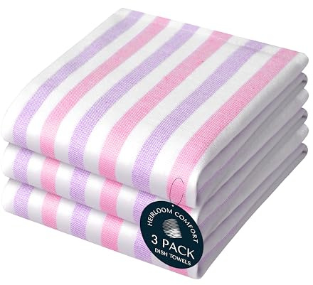 HEIRLOOM COMFORT Fiesta Stripe 100% Cotton Dish Towels Set of 3, Large 45x66 cm, Quick Dry, Absorbent & Reusable for Cleaning, Cooking, Kitchen Decor, Machine Washable, Rose Pink & Lavender