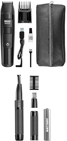 WAHL Manscaper Körpertrimmer, Nass-/Trockeneinsatz, Safe-Touch-Kugelkopfschneidsätze, wiederaufladbar + WAHL Manscaper 2 in 1 Lithium-Akku Tactical Augenbrauen- und Nasenhaartrimmer für Männer