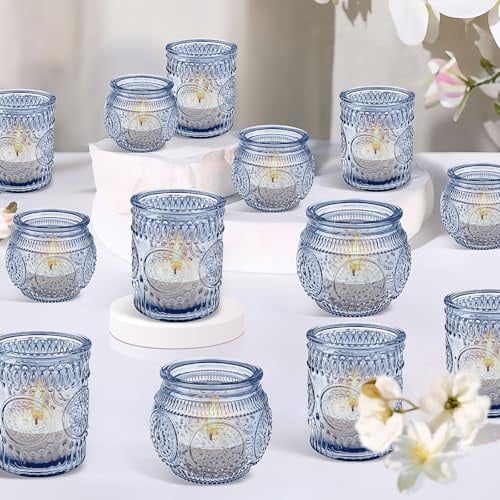 24 Stück Blau Glas Teelichthalter, Teelichter Teelichtgläser für Hochzeit