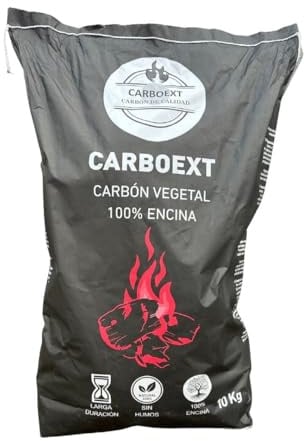 Carboext Carbón 100% Encina para Barbacoa 10 kg – Sin Humo ni Aditivos, Poca Ceniza y Larga Duración – Carbón Vegetal Natural Artesanal de Encendido Rápido y Alto Poder Calorífico