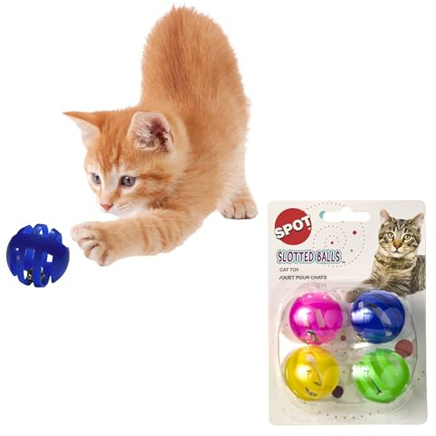 SPOT Slotted Balls Cat Toy - Interactive Cat Toys for Indoor Cats to Chase, Hunt and Stimulate - Jingle Bell Inside for Sound When Batted Around - Safe and Non-Toxic - 1.5 Assorted 4-Pack