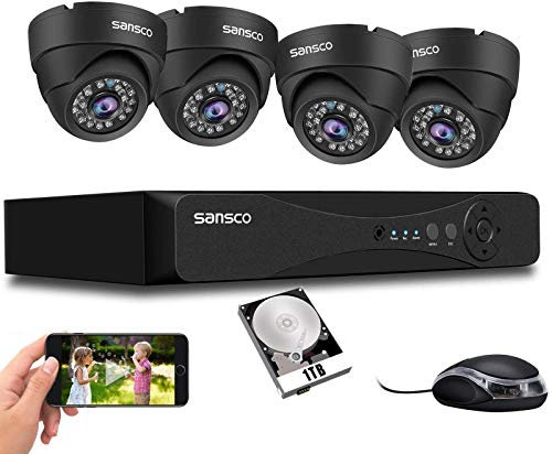 SANSCO HD CCTV Security Camera System, 8 Channel 5MP DVR with (4) 3K In/Outdoor Dome Surveillance Cameras, 1TB Hard Drive (Vandal-Proof, Continuous/Motion Recording, Rapid USB Backup, Remote Access)