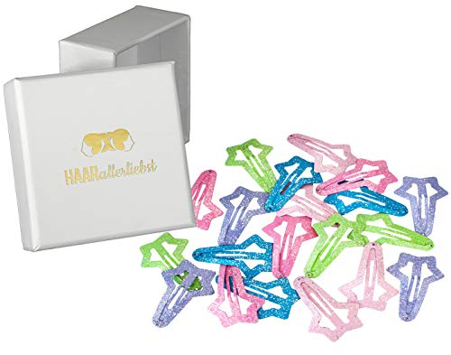 Haarallerliebst Haarspangen klein für Kinder – 20 Stück Stern förmig bunt pastell mit Glitzer (5 cm) inkl. Aufbewahrungsbox weiss – Ideal für normales Haar