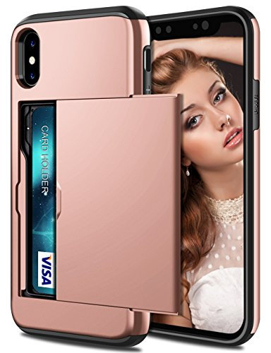 Coolden for iPhone XS Case iPhone X Case Wallet Shockproof Heavy Duty Protective Hard Back Rubber Bumper Card Holder Slot Wallet Cover for iPhone XS/iPhone X (Rose Gold)