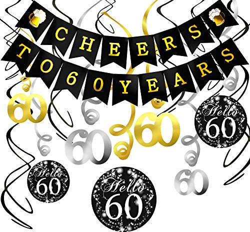 Konsait 60. Geburtstag Dekoration Set, Cheers zum 60. Geburtstag Girlande Banner Folie Spirale Deckenh?nger, perfekte M?nner und Frauen 60. Geburtstags Jahrestags Party Dekorationen Partyzubeh?r