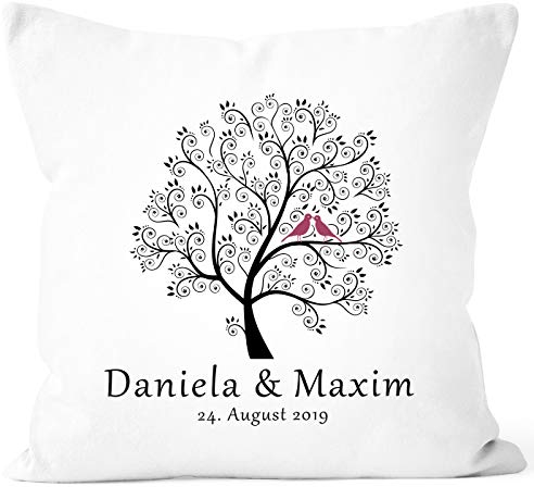 SpecialMe® personalisierbares Kissen zur Hochzeit mit Namen und Datum Baum Hochzeitsgeschenk Kissenhülle weiß Unisize