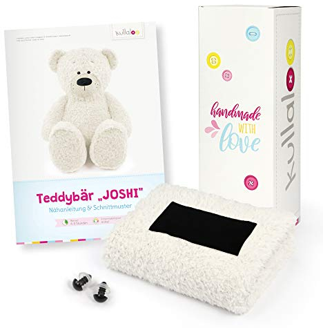 kullaloo Stoffset/Geschenkset zum Teddy nähen - mit Nähanleitung als gedruckte Broschüre, Teddyplüsch und Sicherheitsaugen, verpackt in Einer bezaubernden Einhorn-Geschenkbox (wollweiß)