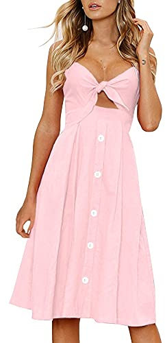 FANCYINN Robe Femmes sans Manches Boutonnee Floral Imprime Spaghetti Strap Button Down Robe Midi Rose S