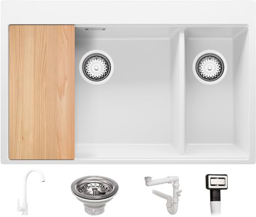 Evier Cuisine en Granit Blanc 78x50cm, Lavabo 1,5 bacs + Kit de Vidage + Robinet + Planche à Découper, Évier à Encastrer au meuble 80cm - Oslo Top Duo de Primagran